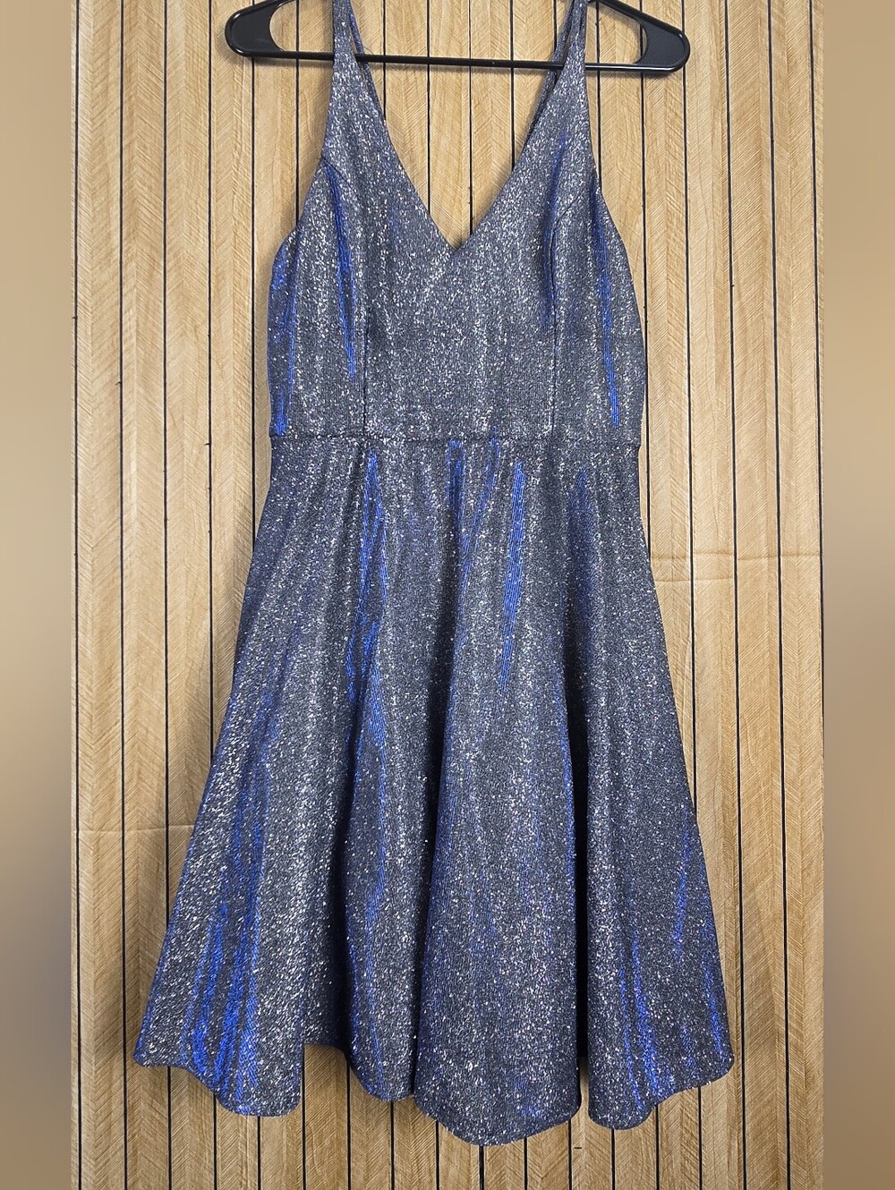Xscape Navy Blue Sparkle V-Neck Mini Dress